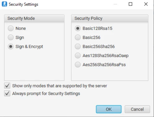 SecurityPolicies supported by Prosys OPC-UA server