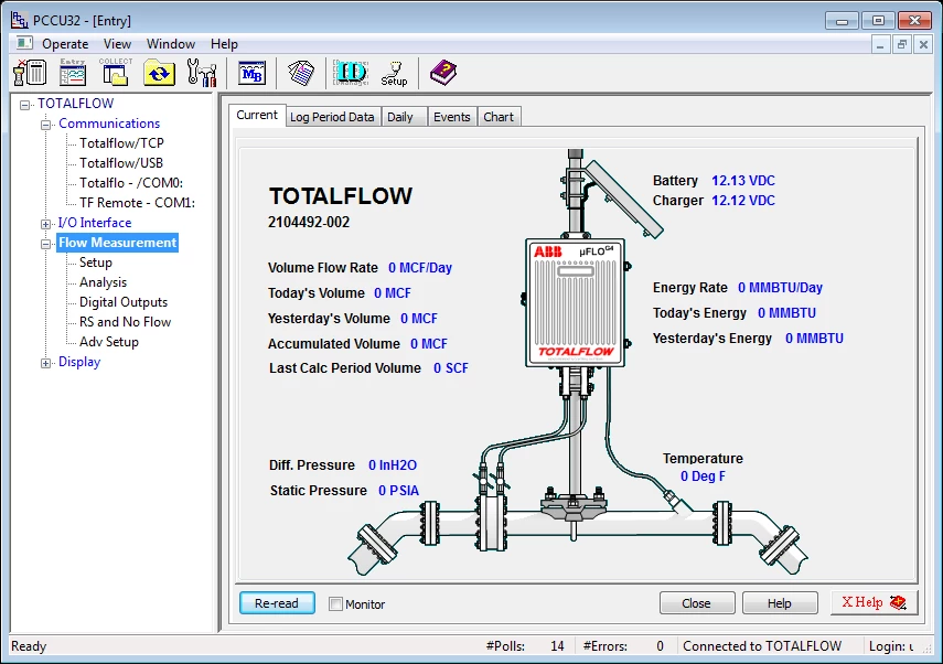 Claroty Team82:  Interface of ABB’s PCCU Client showing measurement data.