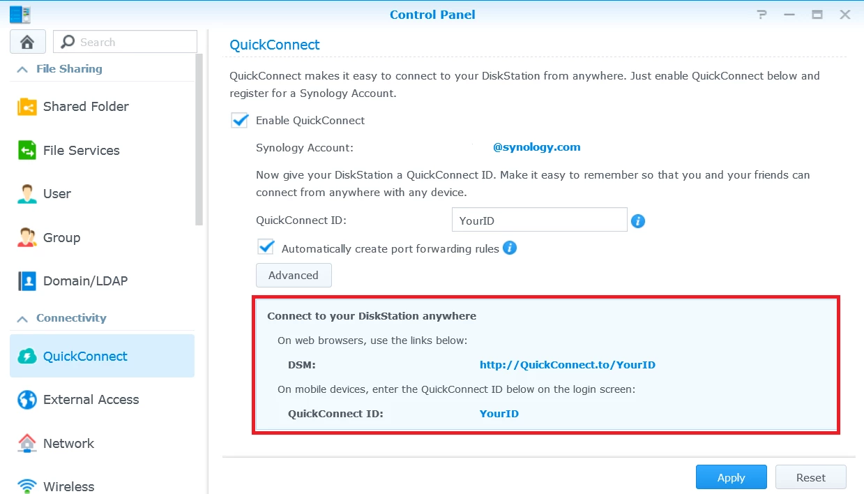 Synology NAS settings QuickConnect